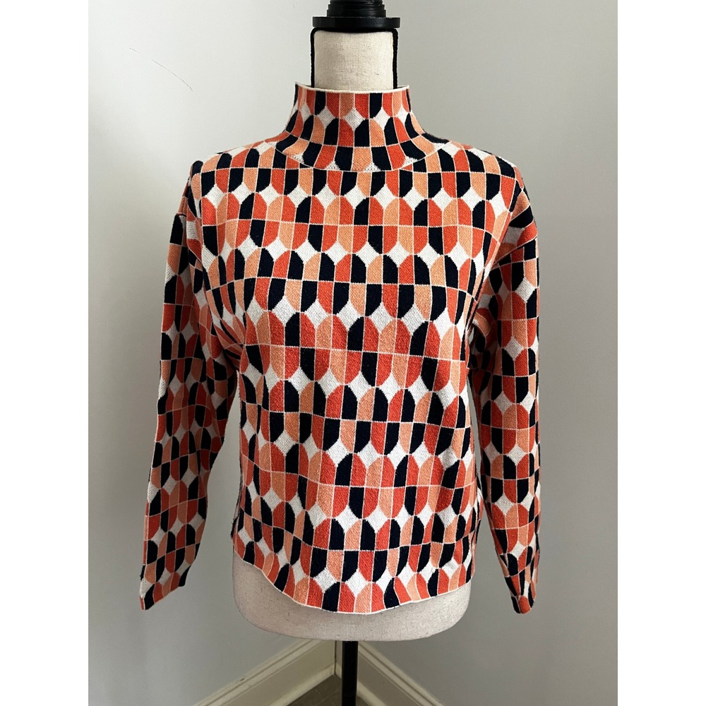 Maeve Anthropologie Cary's Geometric Pattern Mock Neck Sweater Colorful Boxy XS
